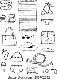 Beach Hand drawn vectors with icons of things to take for a day at the beach