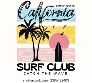 Beach hand sketch graphic design for t shirt print, poster, sticker, background and other uses. California, Santa monica. Palm tree with surfing board. Surfing club graphic print design for t shirt.