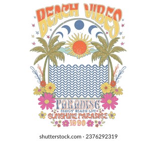 Beach hand sketch graphic print design for t shirt print, poster, sticker, background and other uses. Palm tree with birds colorful retro print artwork. Beach vibes. sun and moon. Tropical flower.