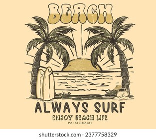 Beach hand sketch graphic print design for t shirt print, poster, sticker, background and other uses. Palm tree with surfing board vintage print artwork.	