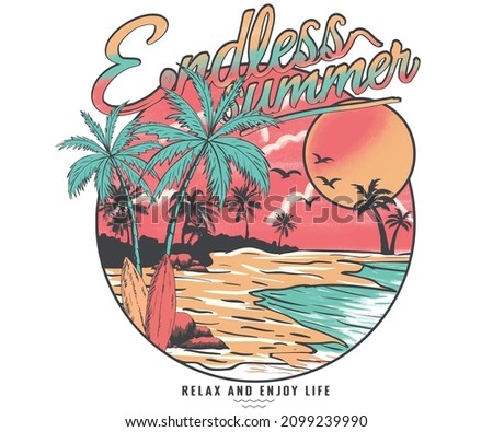 Beach hand sketch graphic print design for t shirt print, poster, sticker, background and other uses. Palm tree with birds colorful retro print artwork.
