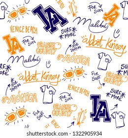 Beach hand written vector pattern background surf los angeles doodles sketch