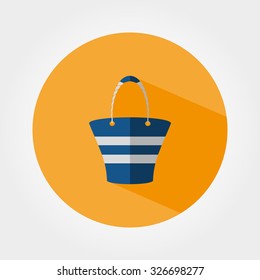 Beach handbag. Icon for web and mobile application. Vector illustration of a button with a long shadow. Flat design style.