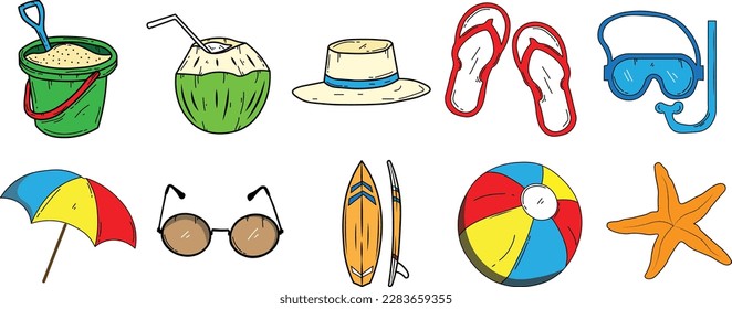 Beach hand-drawn objects, vector illustration