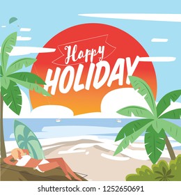 beach with happy holiday calligraphy - vector illustration