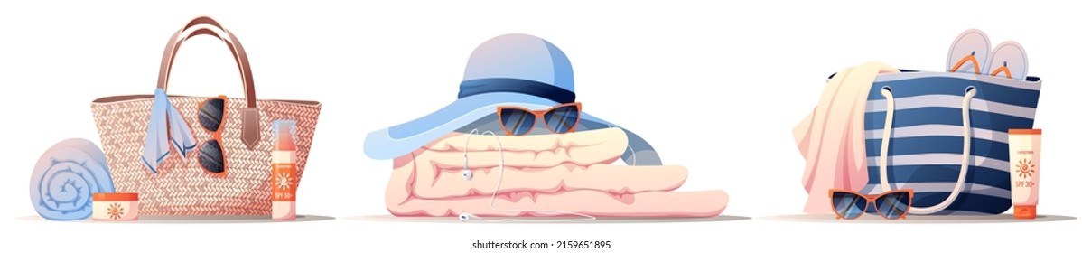 Beach hat, beach bag cover, sunglasses, sun cream, towel, slippers. Set of summer illustrations with beach things
