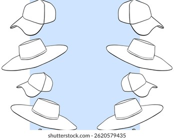 Beach hat cap frame seamless vertical border template for text. Vector graphic line ink illustration. Banner, poster, wrapping paper, sticker, print, modern textile design.
