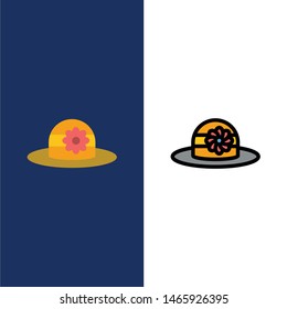 Beach, Hat, Cap  Icons. Flat and Line Filled Icon Set Vector Blue Background. Vector Icon Template background