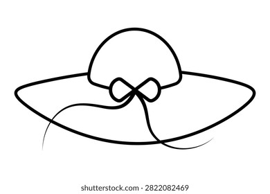Beach hat decorated with a bow with ties. Sketch. Napper with a round curved brim. Vector illustration. Straw women's headdress. Outline on an isolated white background. Doodle style. Coloring book. Web design idea.