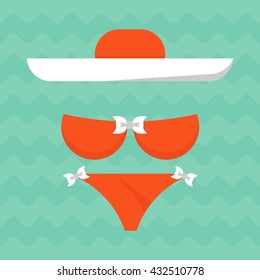 Beach hat and female swimsuit bikini on a blue background of ocean waves. Objects isolated on background. Flat and cartoon vector illustration.