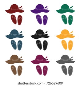 Beach hat with flip-flops icon in black style isolated on white background. Family holiday symbol stock vector illustration.