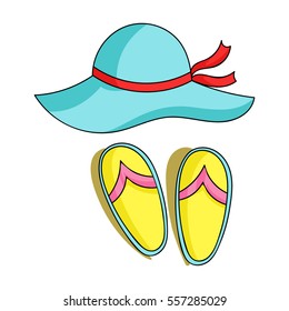 Beach hat with flip-flops icon in cartoon style isolated on white background. Family holiday symbol stock vector illustration.