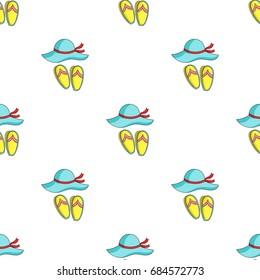 Beach hat with flip-flops icon in cartoon style isolated on white background. Family holiday symbol stock vector illustration.