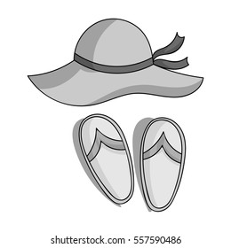 Beach hat with flip-flops icon in monochrome style isolated on white background. Family holiday symbol stock vector illustration.
