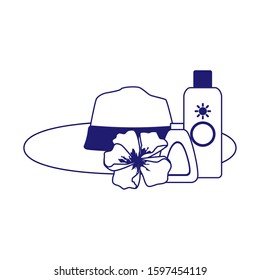 beach hat with flower and sun bronzers bottles over white background, flat design, vector illustration