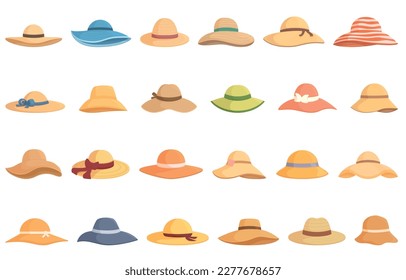 Beach hat icons set cartoon vector. Straw summer. Hat cap