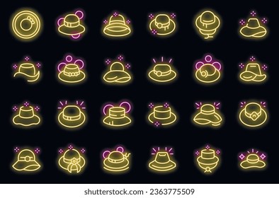 Beach hat icons set outline vector. Straw summer. Travel brim neon color on black isolated