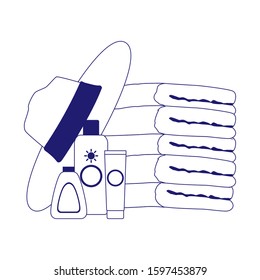beach hat and sunblock bottles and towels over white background, flat design, vector illustration