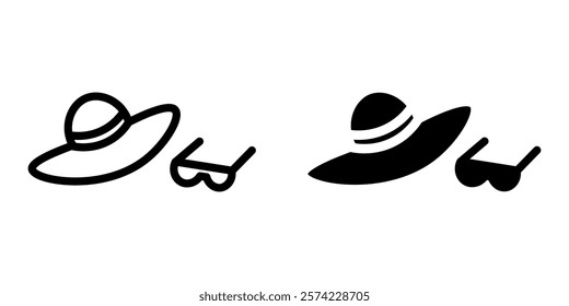 Beach hat and sunglasses icon. Sea vacation symbol. Sun hat summer clothing sign. Sun protection symbol. Fashion and elegance pictogram.