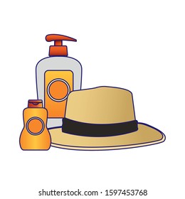 beach hat with sunscreens bottles over white background, vector illustration