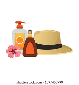 beach hat with sunscreens bottles over white background, colorful design, vector illustration