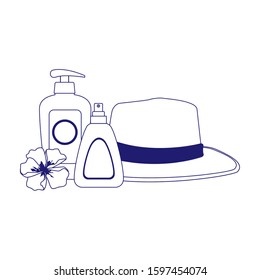 beach hat with sunscreens bottles over white background, flat design, vector illustration
