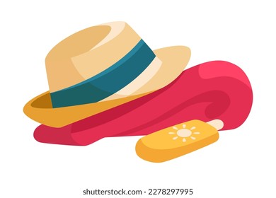 Beach Hat, Towel and Sunscreen Bottle as Vacation Time Vector Illustration