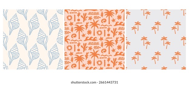 Beach Hawaii boho seamless patterns backgrounds collection. Palm tree, ocean waves vector repeat print set. Hand drawn tropical summer wallpaper, wrapping paper, textile design.