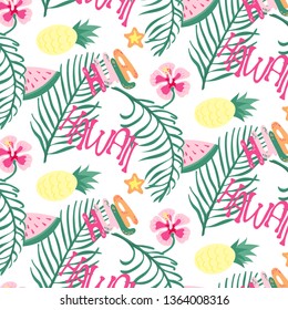 Beach Hawaii seamless trendy pattern wallpaper of tropical dark green leaves of palm trees and flowers bird of paradise, plumeria on white background. For textile print, clothes, modern fashion