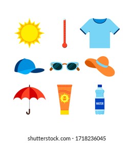 Beach and heat stroke prevention infographic icon set. Thermometer, t-shirt, cap, sunglasses, hat, umbrella, bottle of water, sunscreen symbol collection. Vector flat design cartoon style illustration