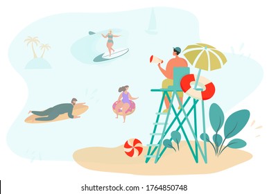 Beach Holiday and Activites at Sea Characters, Surfing,Stand up Paddle and Sunbathe under Palm Tree,Lifeguard on the Tower on the Beach Along Coast.Summer Holiday Relaxing.Flat Vector Illustration