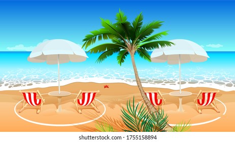 Beach holiday after coronavirus covid 19 epidemic. Chaise longue social distance circle marking. Vector cartoon illustration