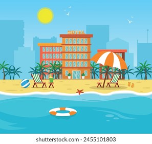 Vacaciones en la playa. La playa con un hotel cómodo con palmeras como telón de fondo.