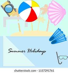beach holiday, beach ball, camera, flippers, mask diving