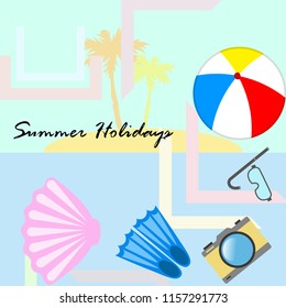 beach holiday, beach ball, camera, flippers, mask diving