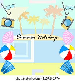 beach holiday, beach ball, camera, flippers, mask diving