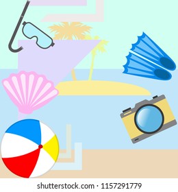 beach holiday, beach ball, camera, flippers, mask diving