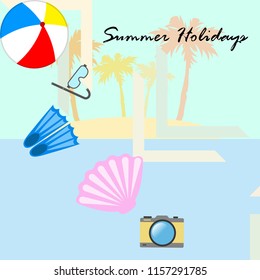 beach holiday, beach ball, camera, flippers, mask diving