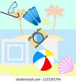beach holiday, beach ball, camera, flippers, mask diving