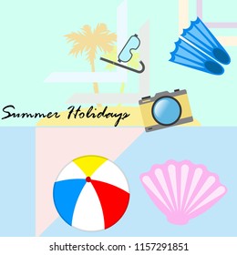 beach holiday, beach ball, camera, flippers, mask diving