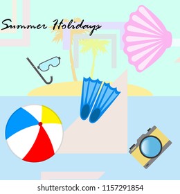 beach holiday, beach ball, camera, flippers, mask diving