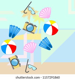 beach holiday, beach ball, camera, flippers, mask diving