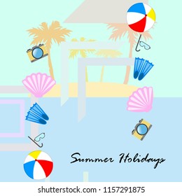 beach holiday, beach ball, camera, flippers, mask diving