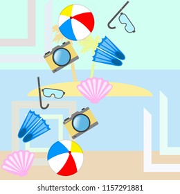 beach holiday, beach ball, camera, flippers, mask diving