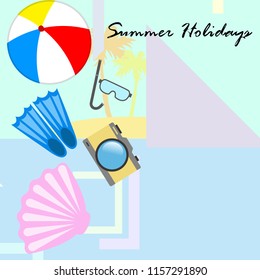 beach holiday, beach ball, camera, flippers, mask diving