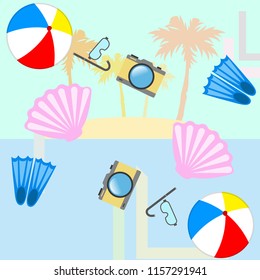 beach holiday, beach ball, camera, flippers, mask diving
