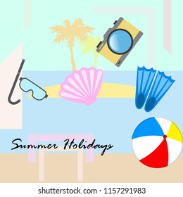 beach holiday, beach ball, camera, flippers, mask diving