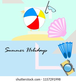 beach holiday, beach ball, camera, flippers, mask diving