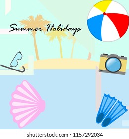 beach holiday, beach ball, camera, flippers, mask diving