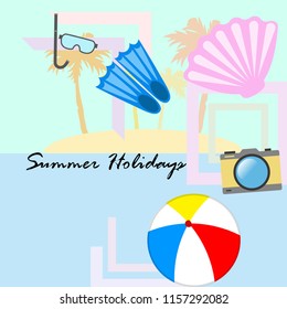 beach holiday, beach ball, camera, flippers, mask diving